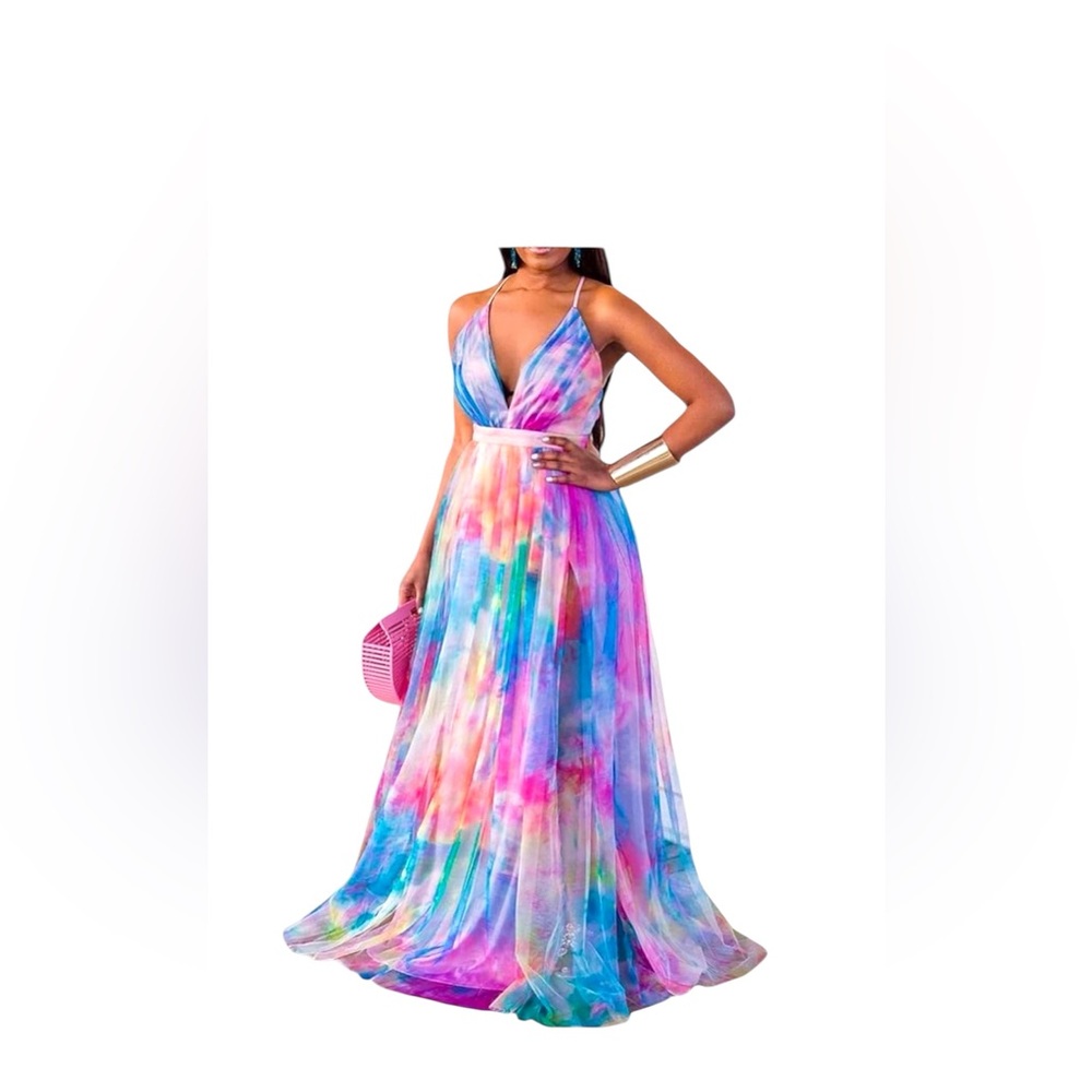 NWT Women multi color V neck maxi dress SIZE M